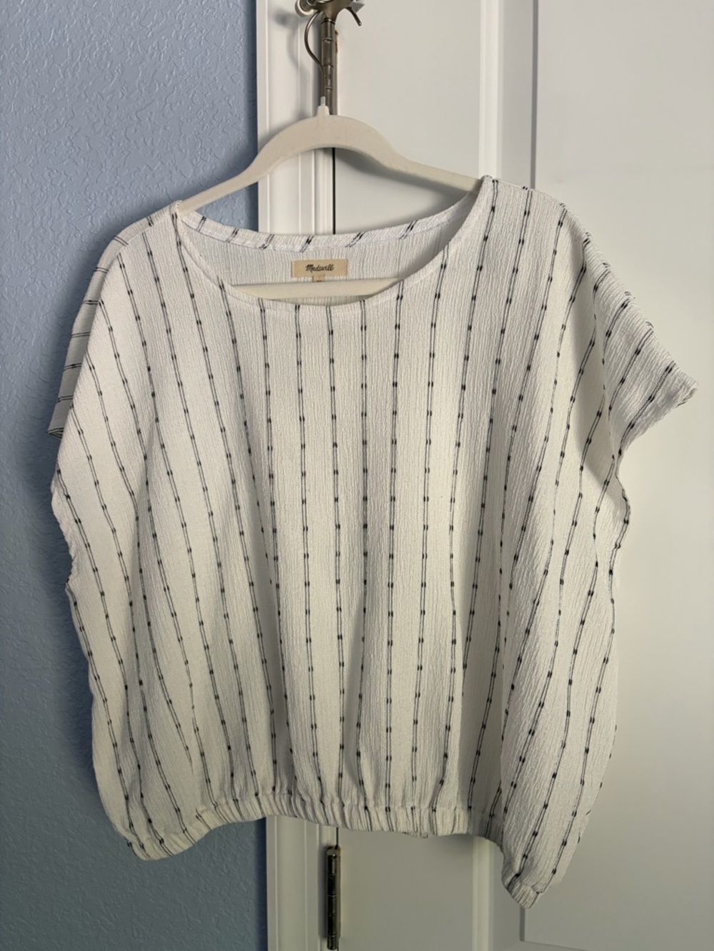 Madewell White Knit Top with Black Pinstripes